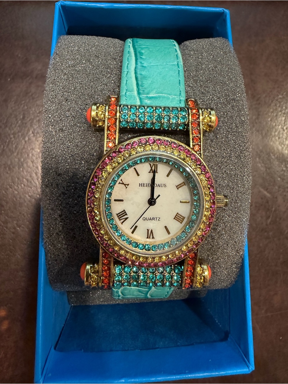 Heidi Daus Turquoise Strap Multi-Color Crystal Accent Fashion Watch Brand New
